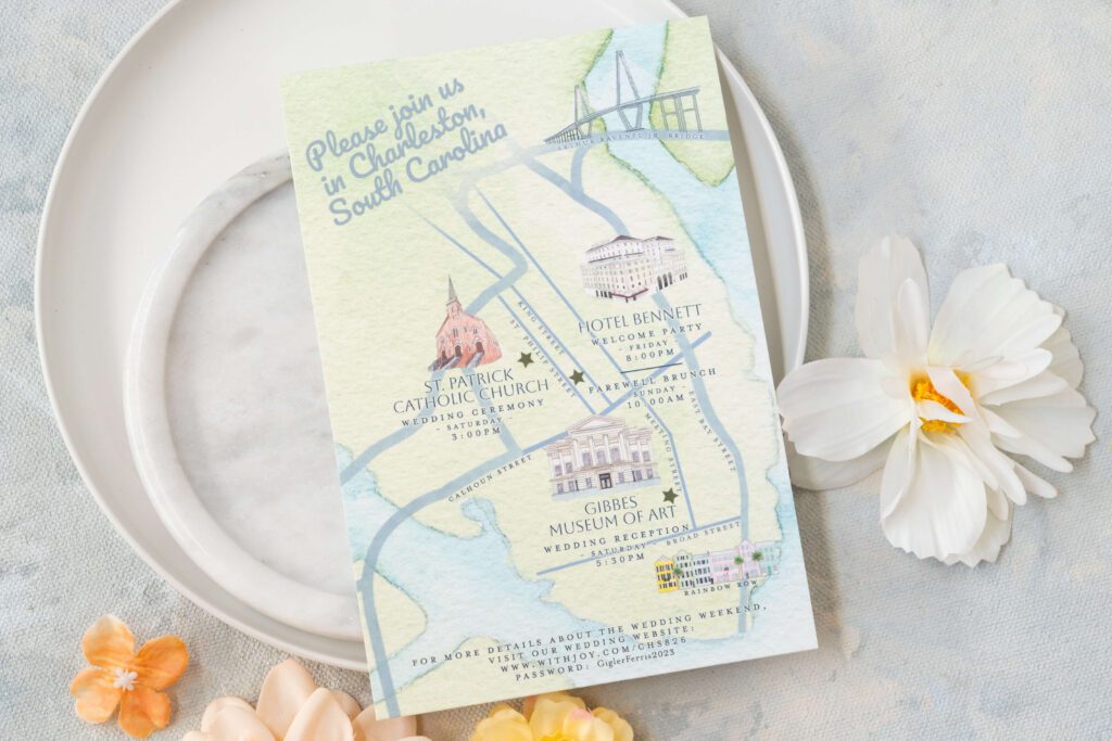 Custom watercolor map of the city of Charleston, South Carolina. Custom map features Rainbow Row, the Gibbes Museum of Art, St. Patrick Catholic Church, Hotel Bennett, and the Arthur Ravenel Bridge.