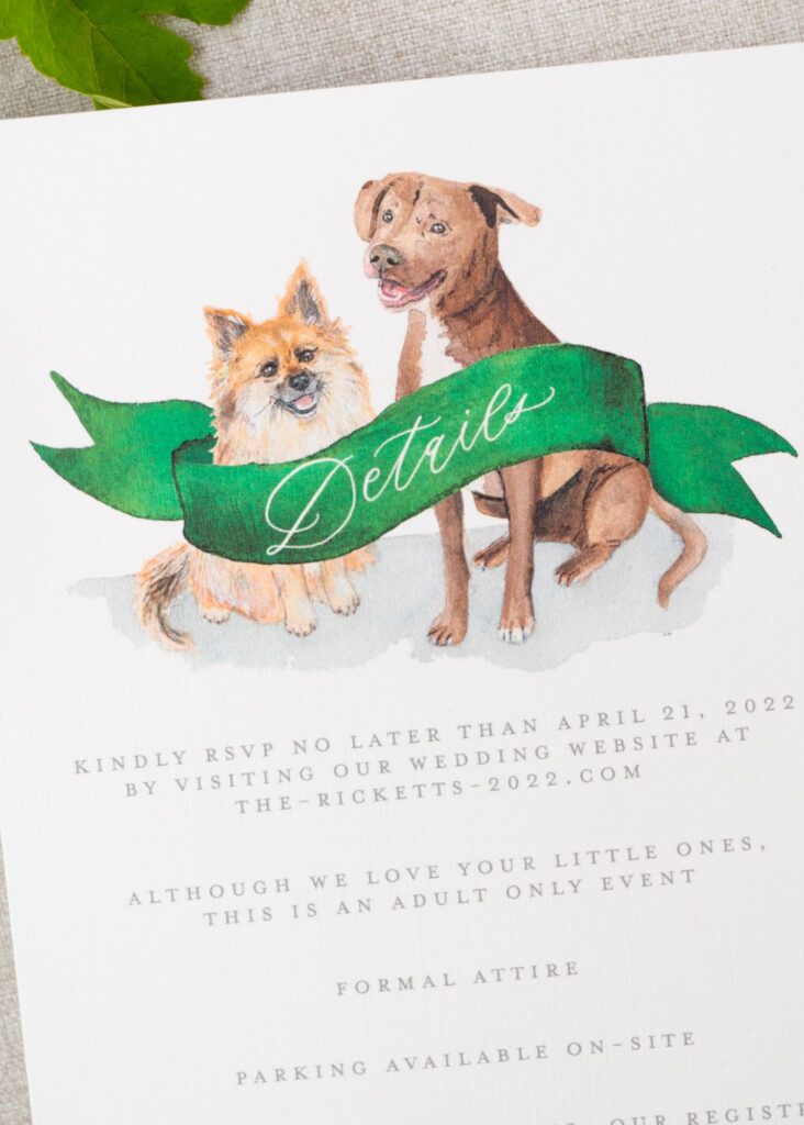 Details card featuring custom watercolor pet portraits created for custom wedding invitation suite.