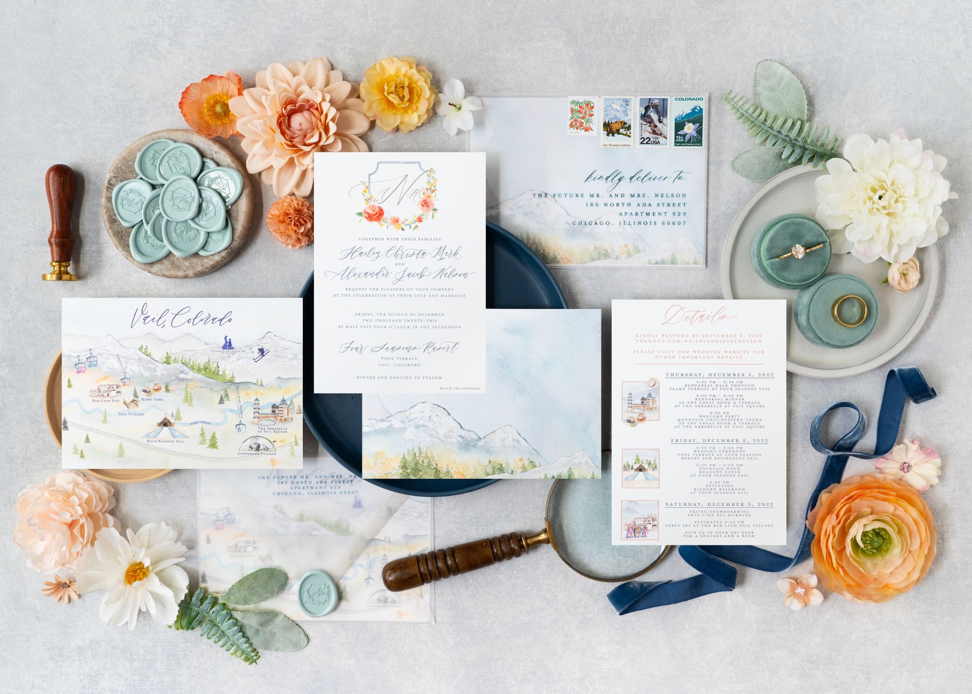 Custom wedding invitations for Vail, Colorado bride featuring watercolor artwork, a custom wedding map, and hand-lettere calligraphy.