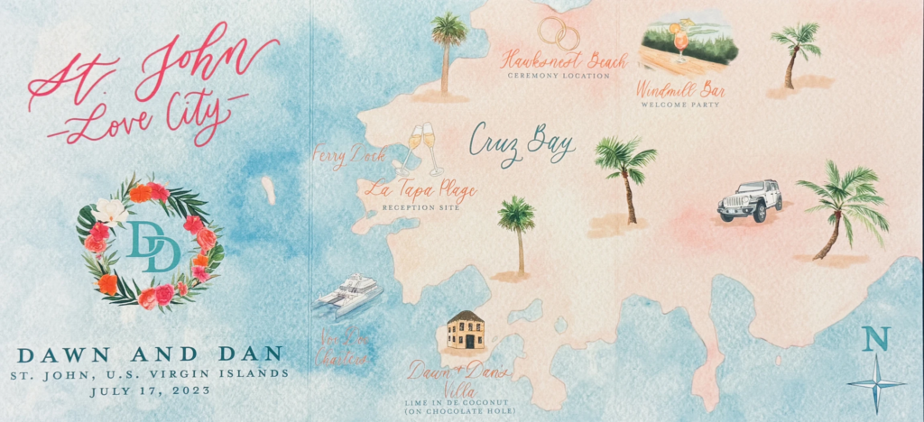 Custom watercolor wedding map with couple's wedding crest showcasing a map of the US Virgin Islands.