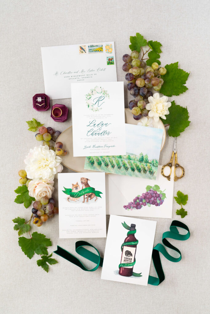 Unique wedding invites created for a vineyard wedding at Yonah Mountain Vineyards.