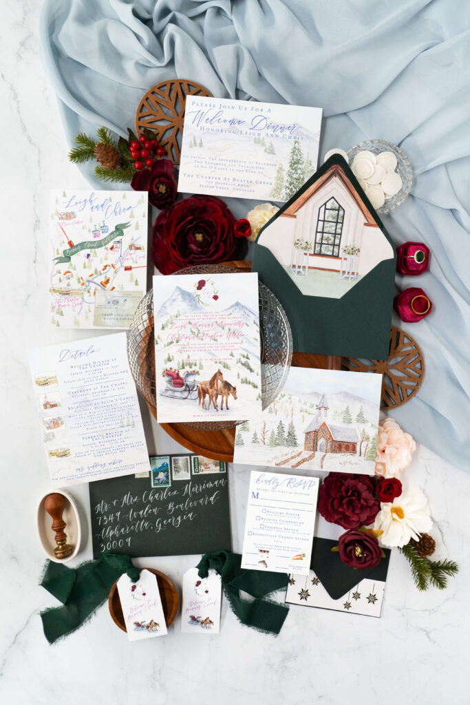 Unique wedding invites created for a Beaver Creek Colorado winter wedding.