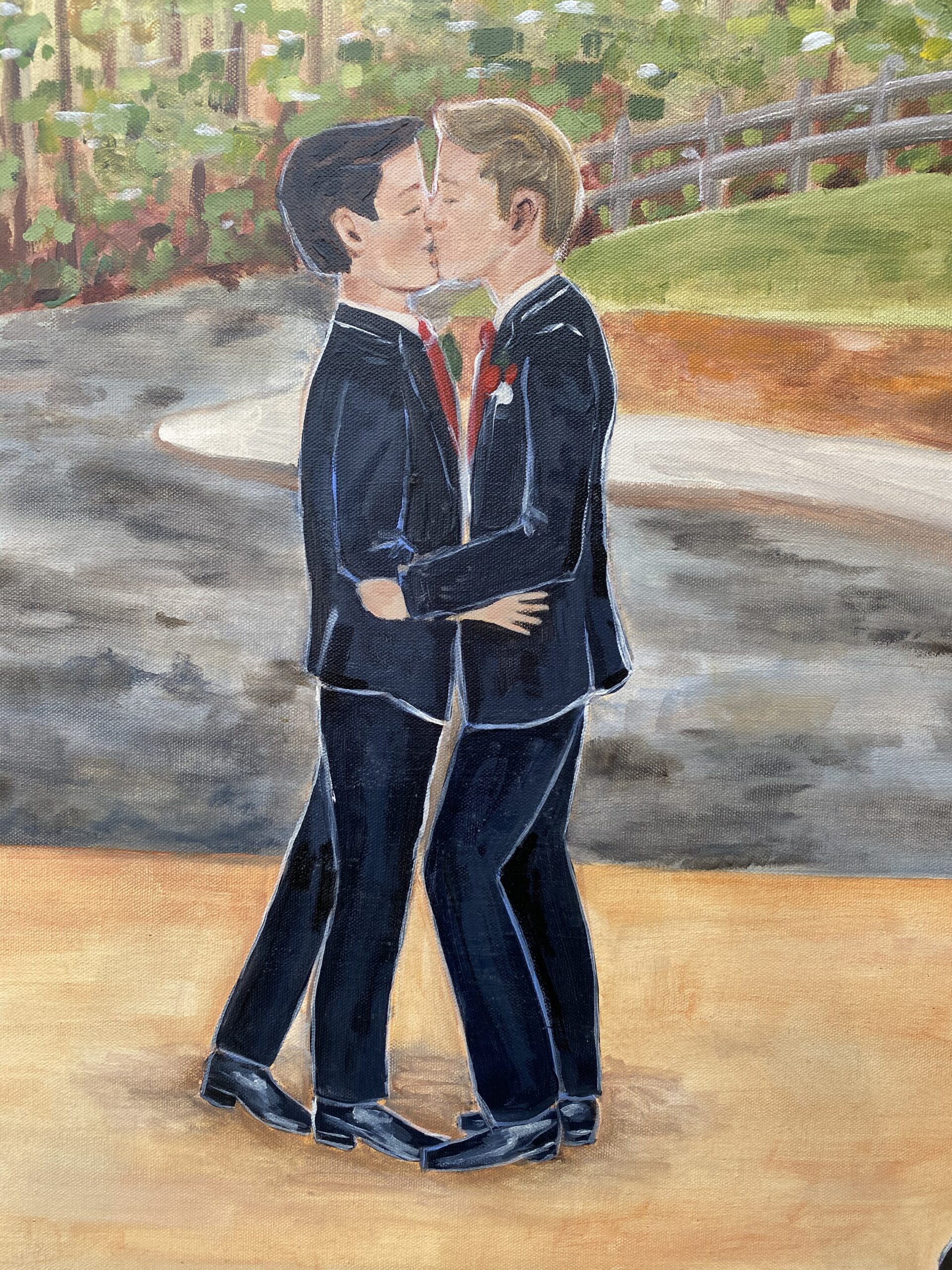 Live wedding painting of grooms kissing at the Farm in Rome GA wedding